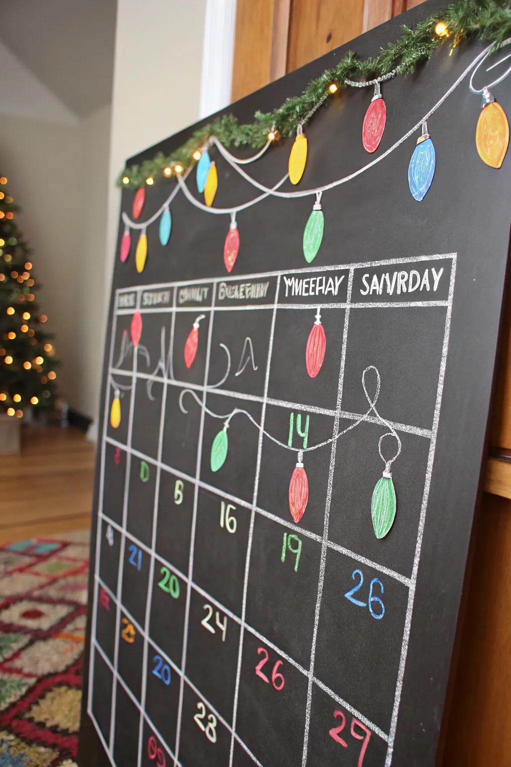 A bright and cheerful chalkboard calendar with holiday bulbs.