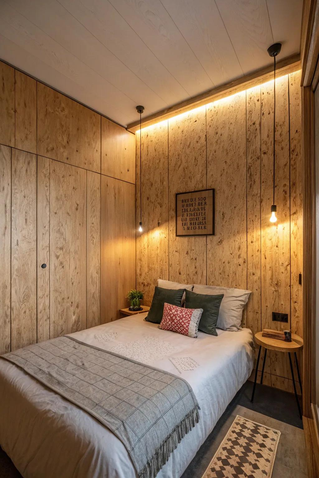 Textured wall panels add depth and style to compact areas.