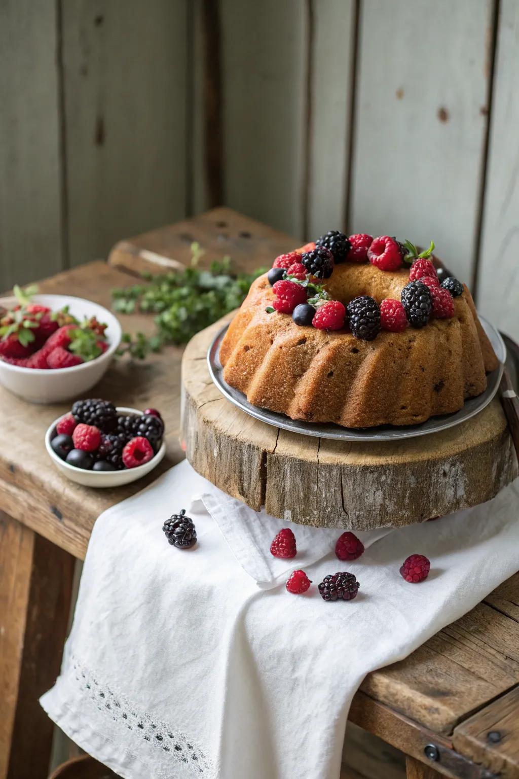 A bundt cake beautifully topped with fresh berries.