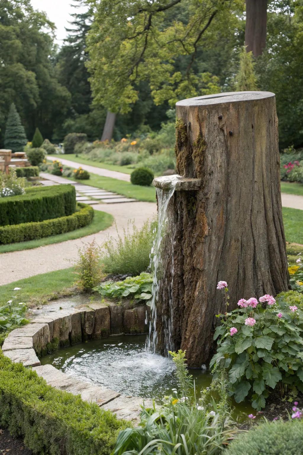 Amplify tranquility with a water feature placed on a tree stump.
