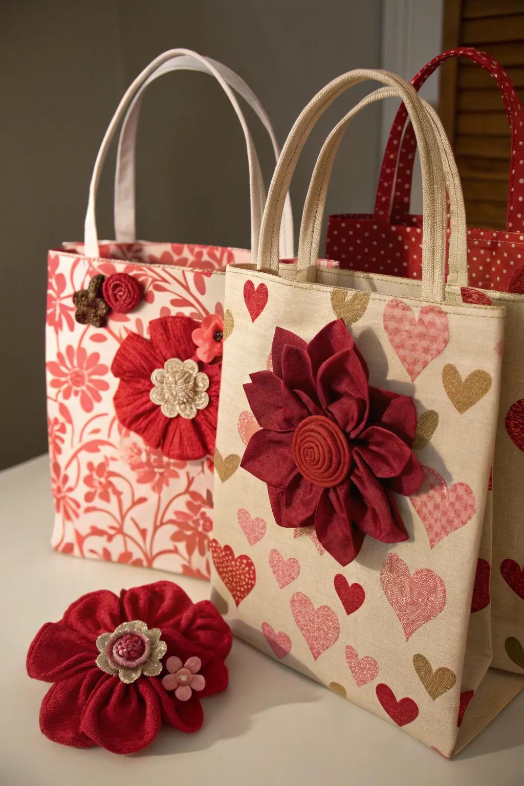 Fabric blossoms incorporate elegance and texture.