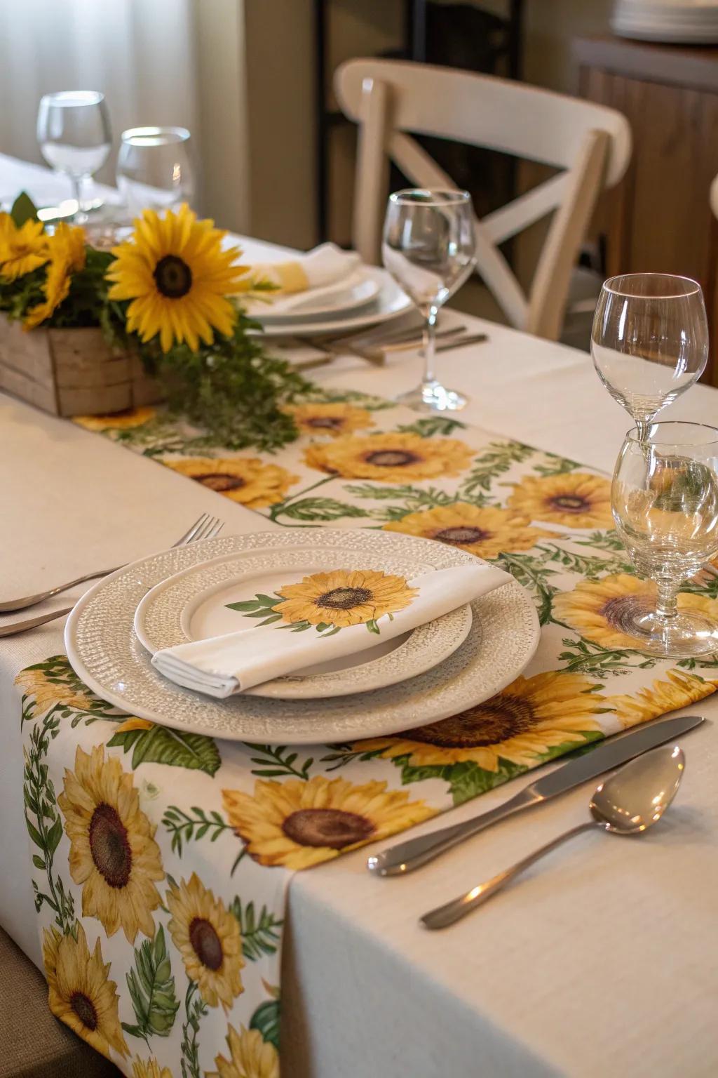 A sunflower table runner enhances the style and grace of your dining setup.
