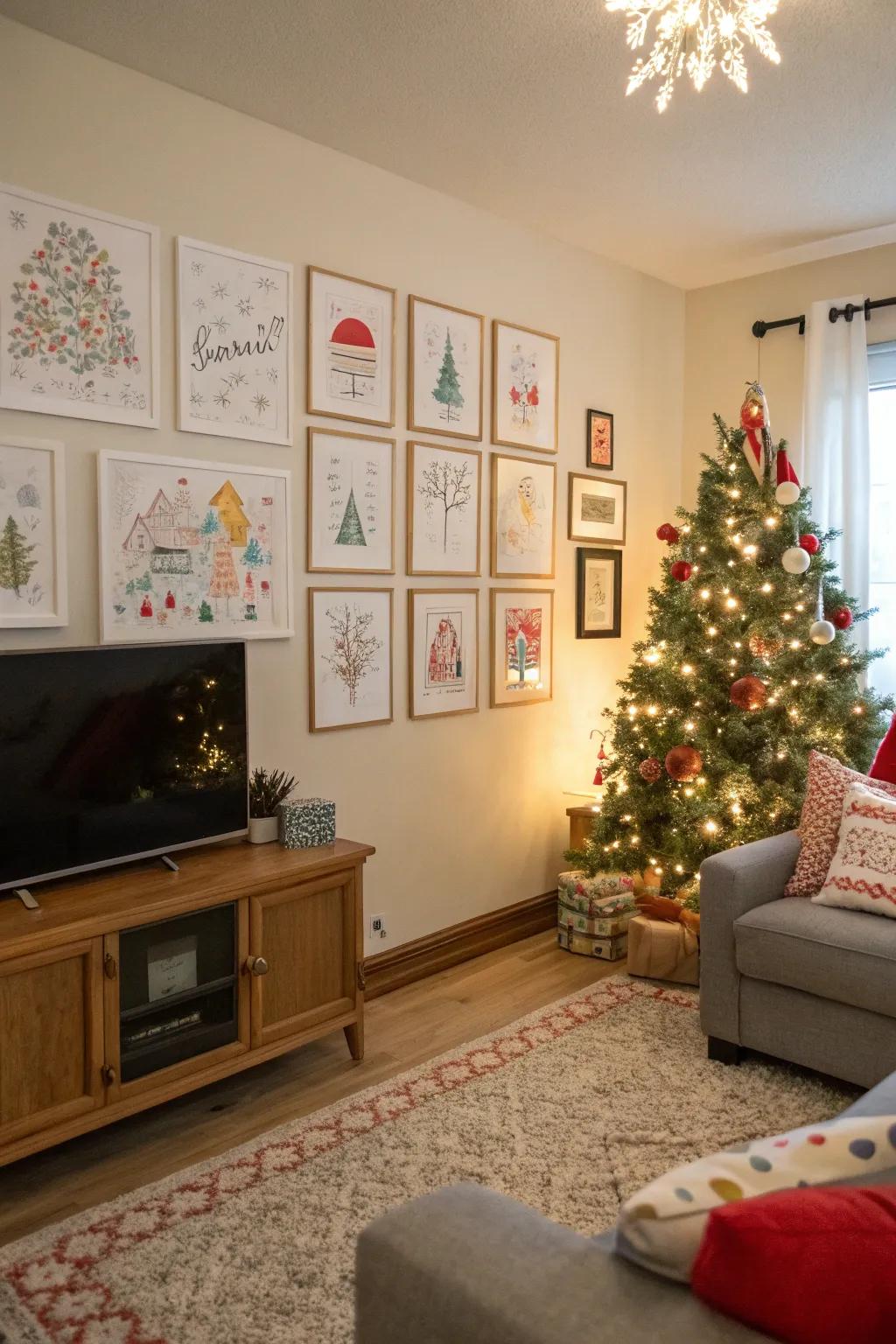 A living room decorated with festive holiday-themed drawings.