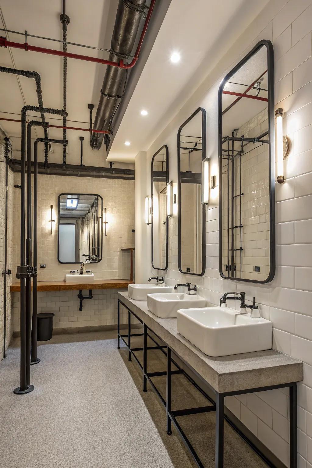 Mirrors reflect and conceal pipes while expanding space.