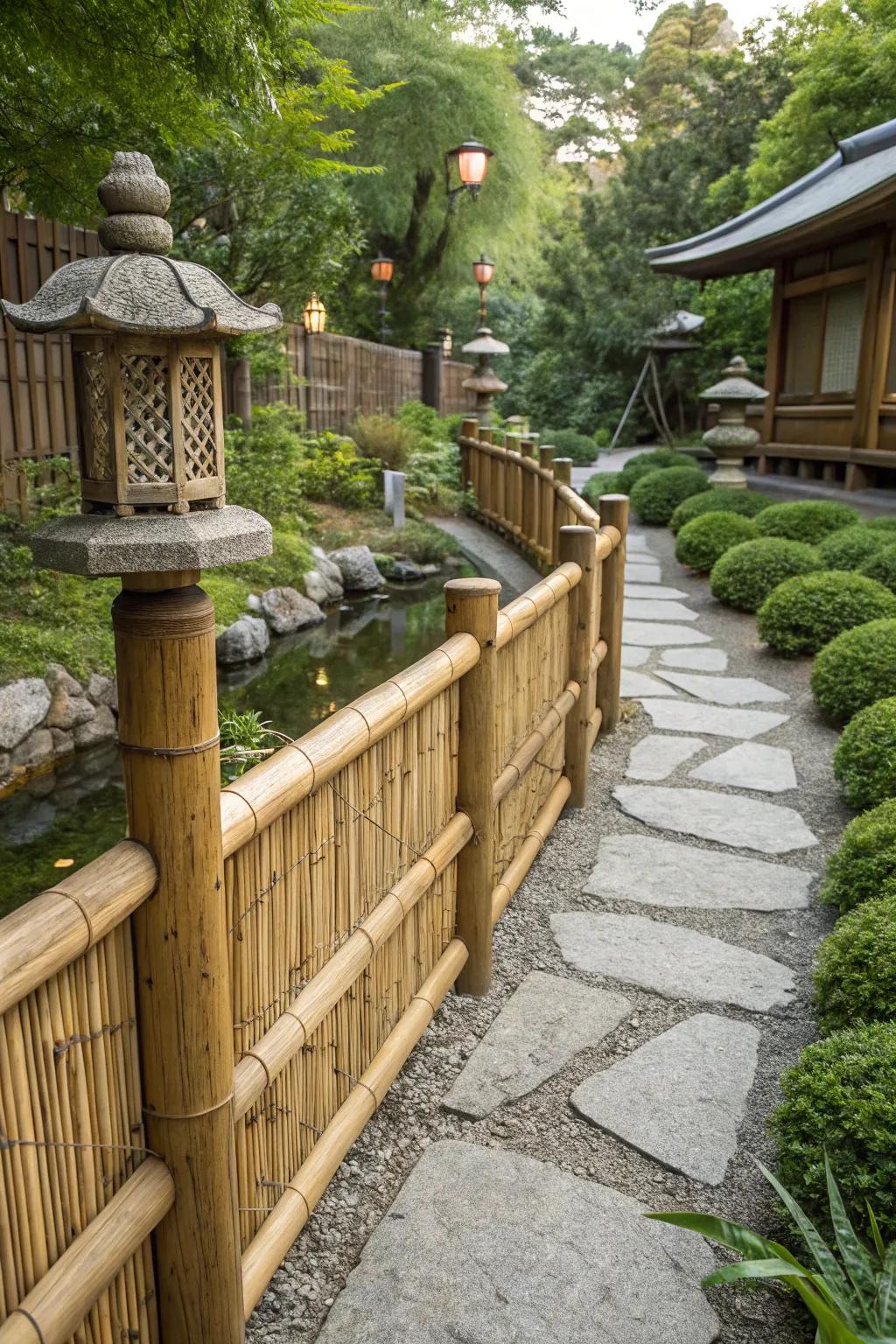 Bamboo accents impart an exotic flair to lumber fences.