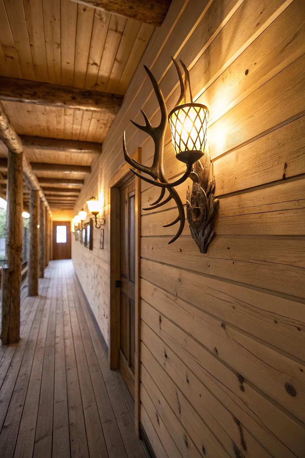 A deer antler wall lamp illuminates a rustic hallway with unique style.