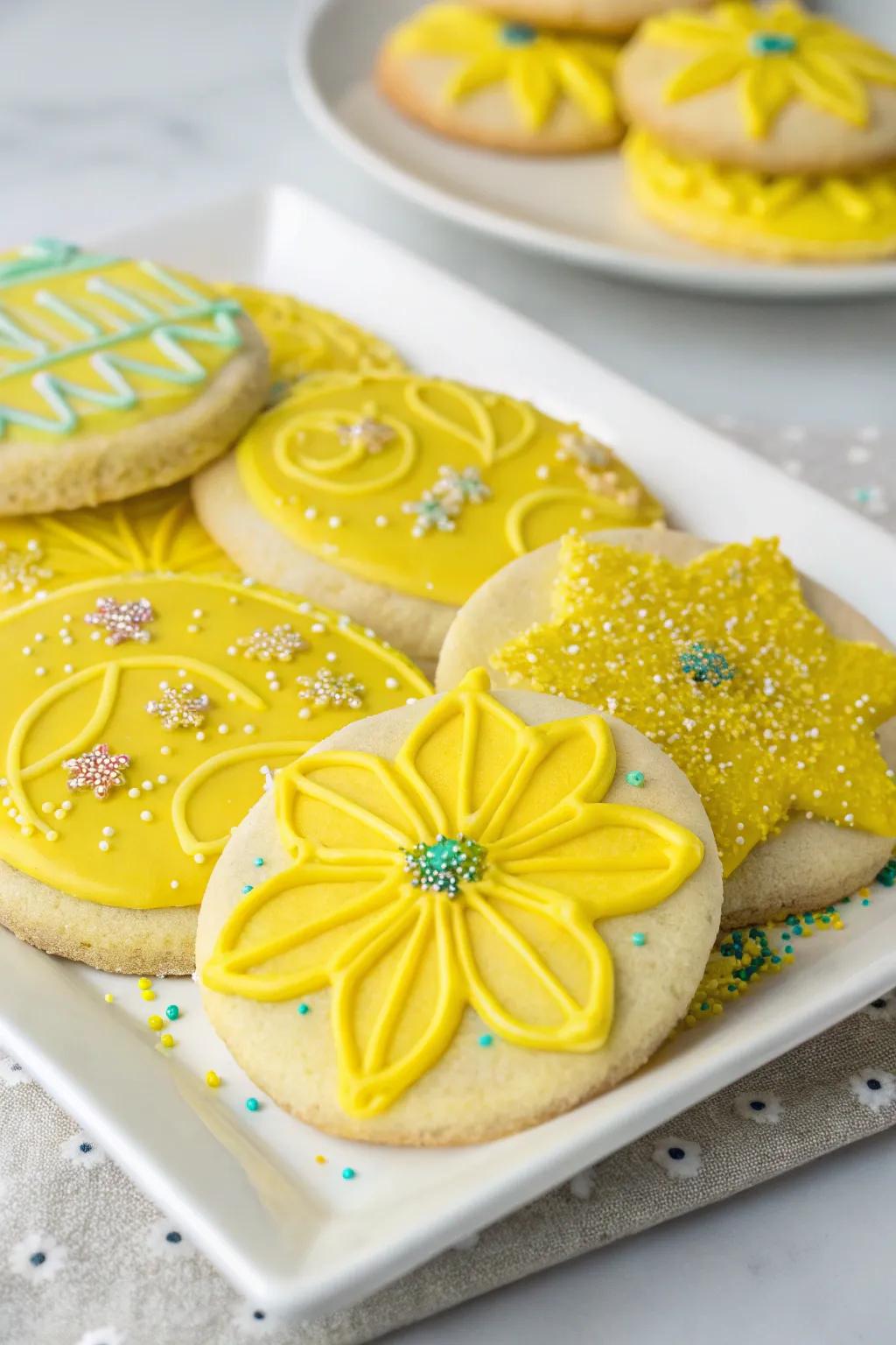 Sweets decorated with yellow icing and edible sparkles.