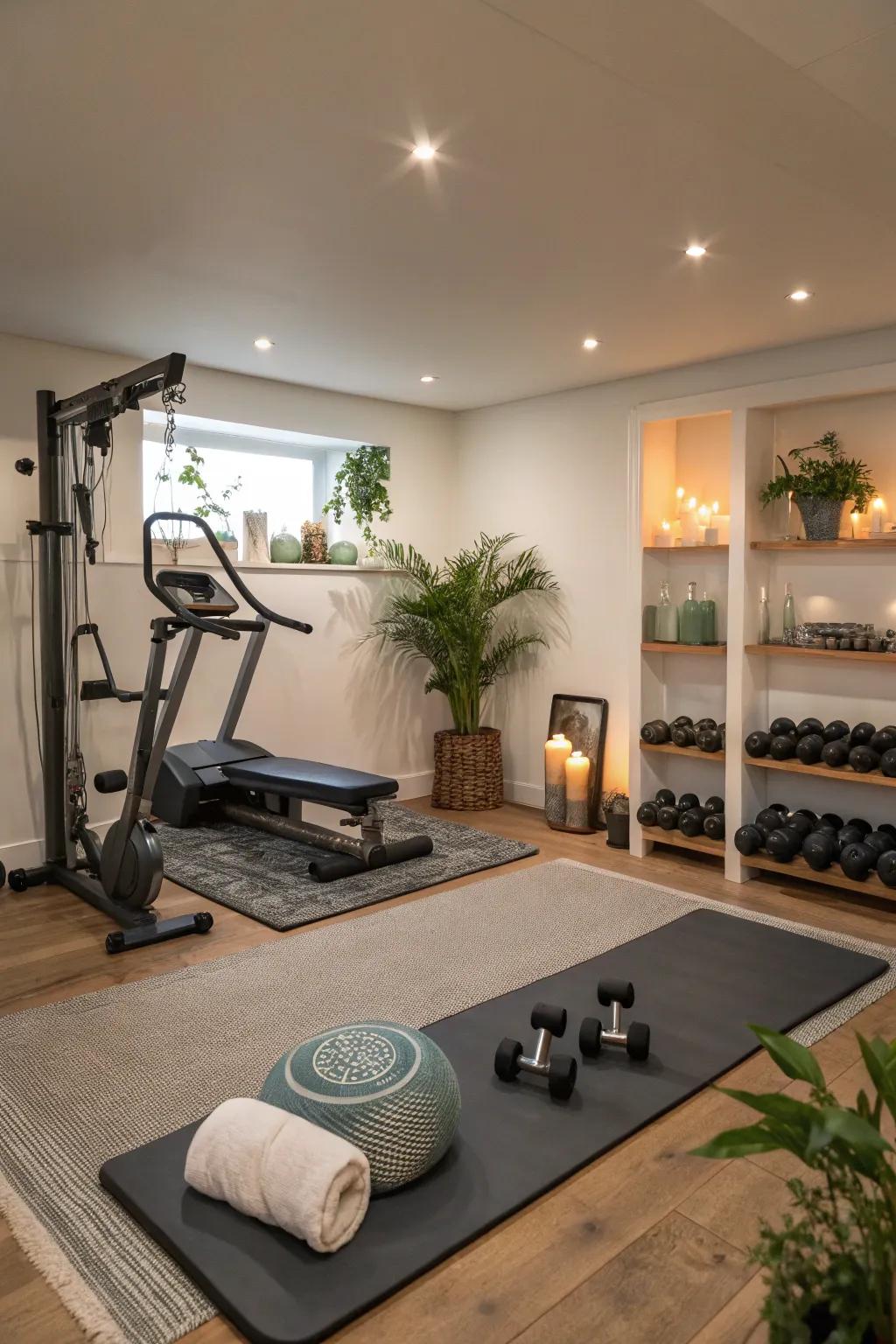 A peaceful area in the home gym saved for yoga and meditation exercises.
