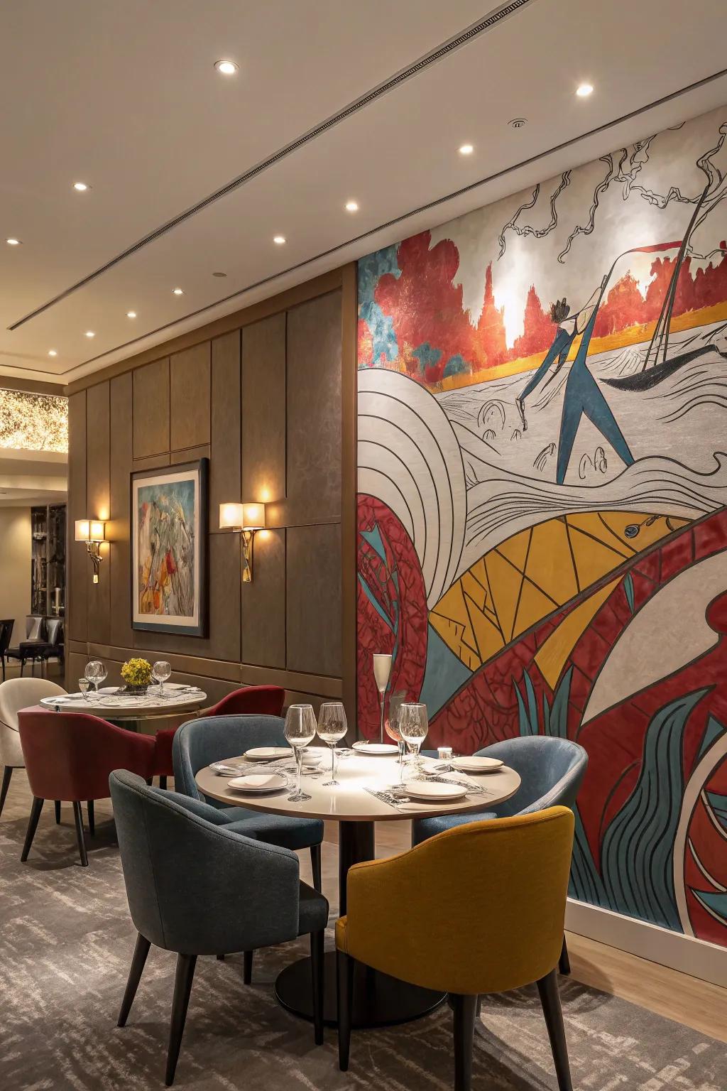 Wall murals make a bold, artistic statement in dining rooms.