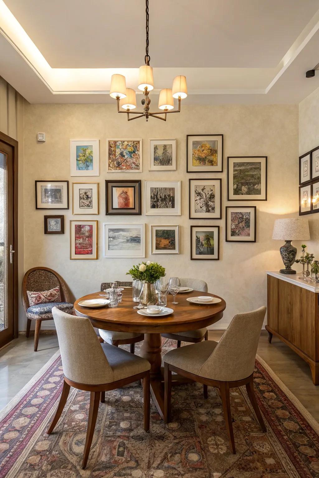 A feature wall elevating the dining space through a curated art collection.