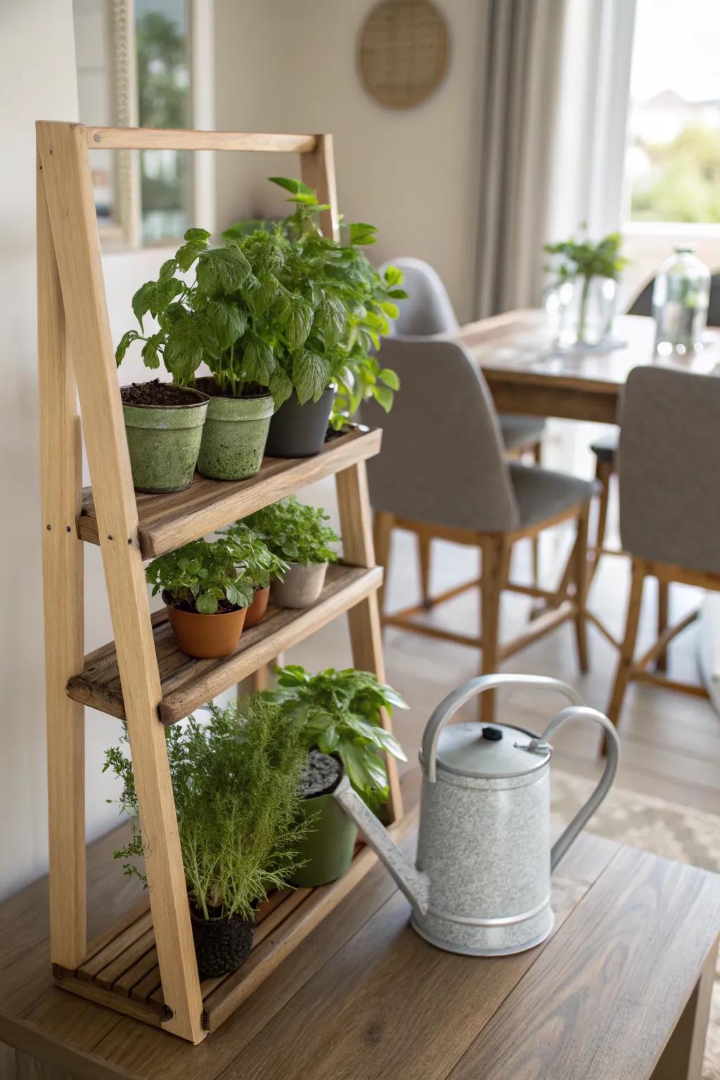 A mini herb garden brings freshness and flavor to the dining space.