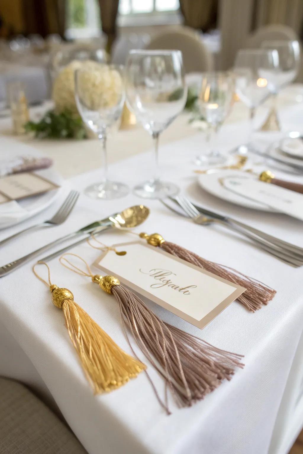 Hanging ornament seating cards add a lavish touch to your dinner celebration.