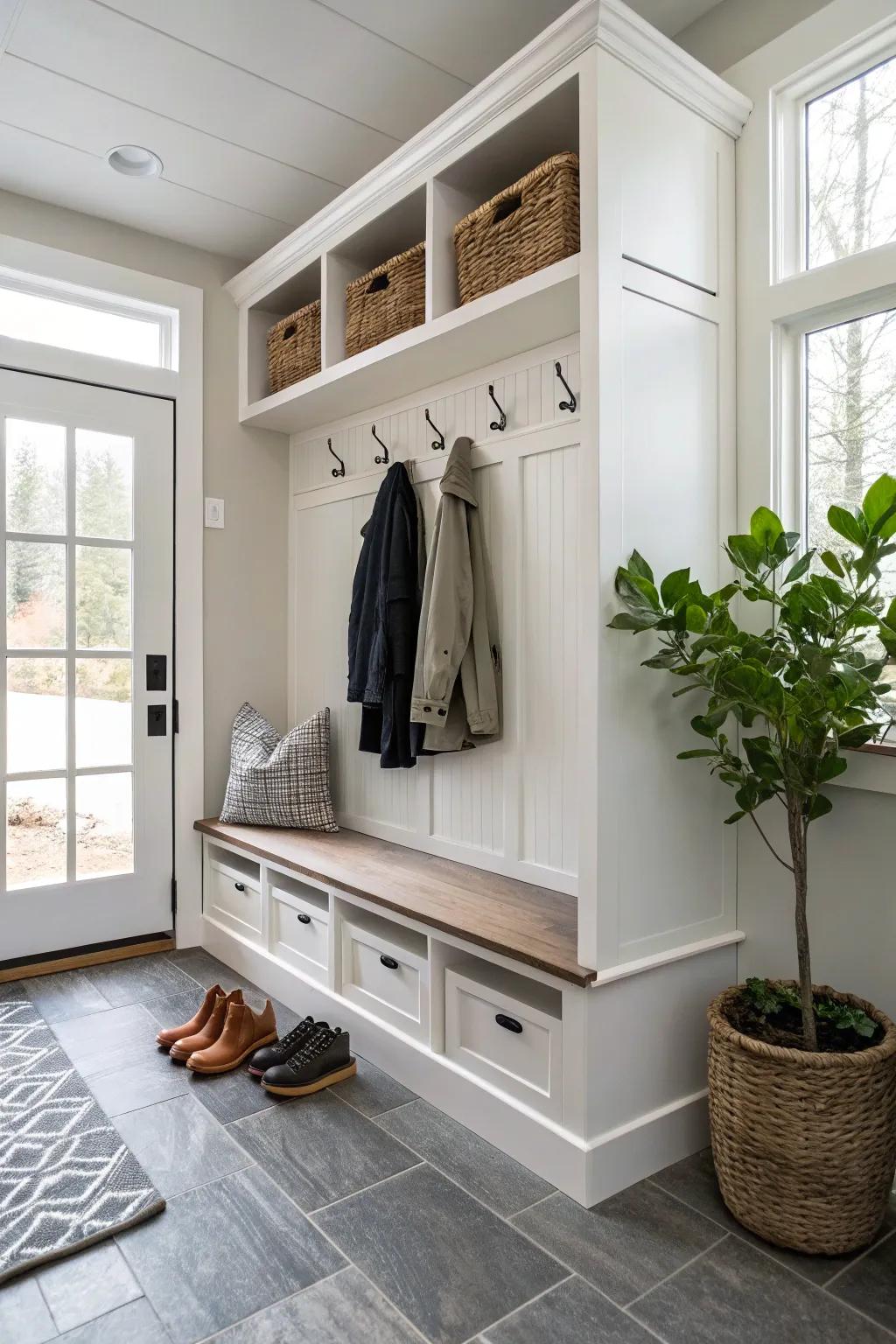 Bench storage combines seating with concealed laundry functions.