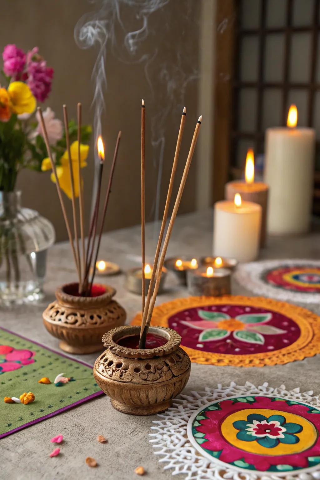 Incense canes in ornamental rings create a calming and aromatic atmosphere on the table.