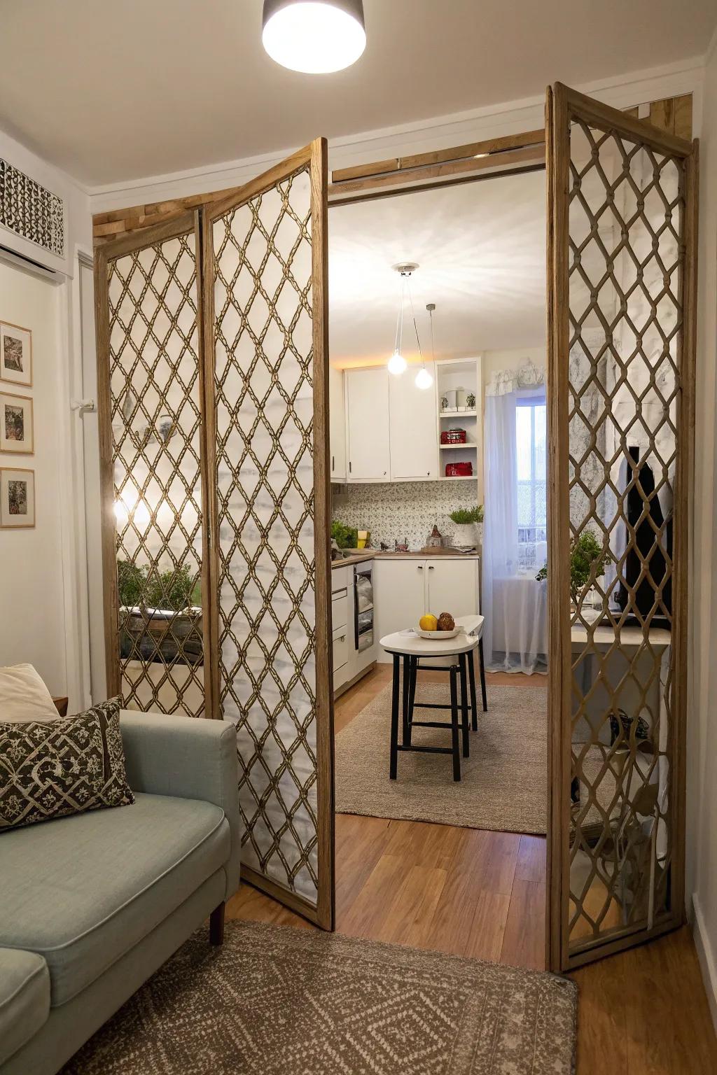 Lattice doors add texture and charm to this contemporary studio apartment.