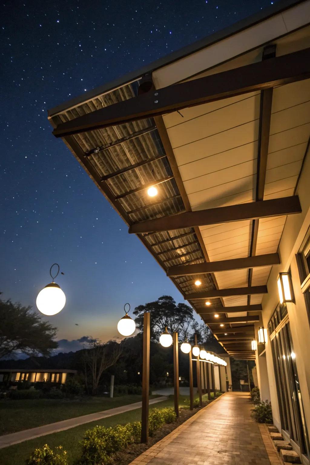 An awning with built-in sun-powered lights at night.