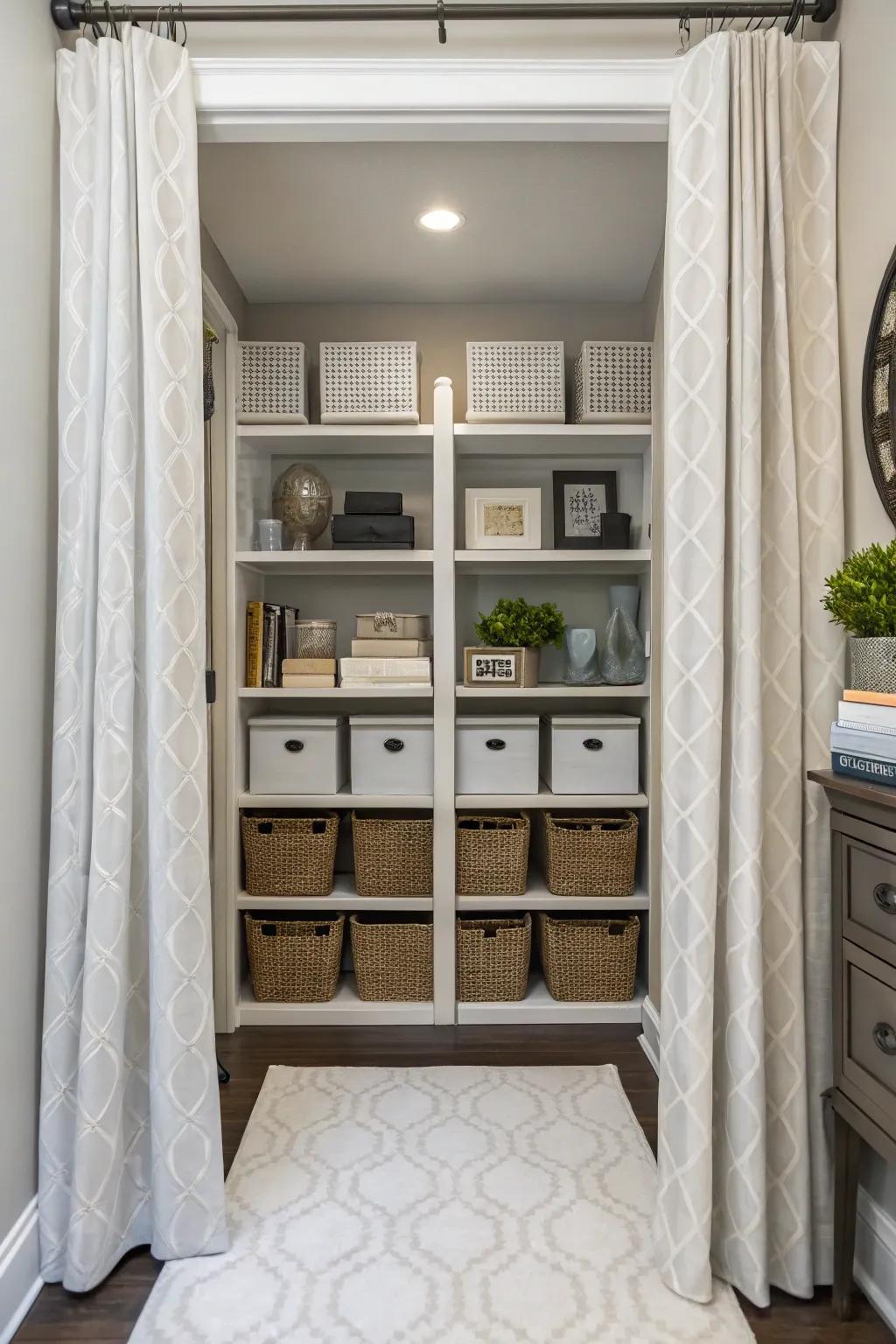 Maintain a pristine aesthetic by concealing storage spaces with curtains.