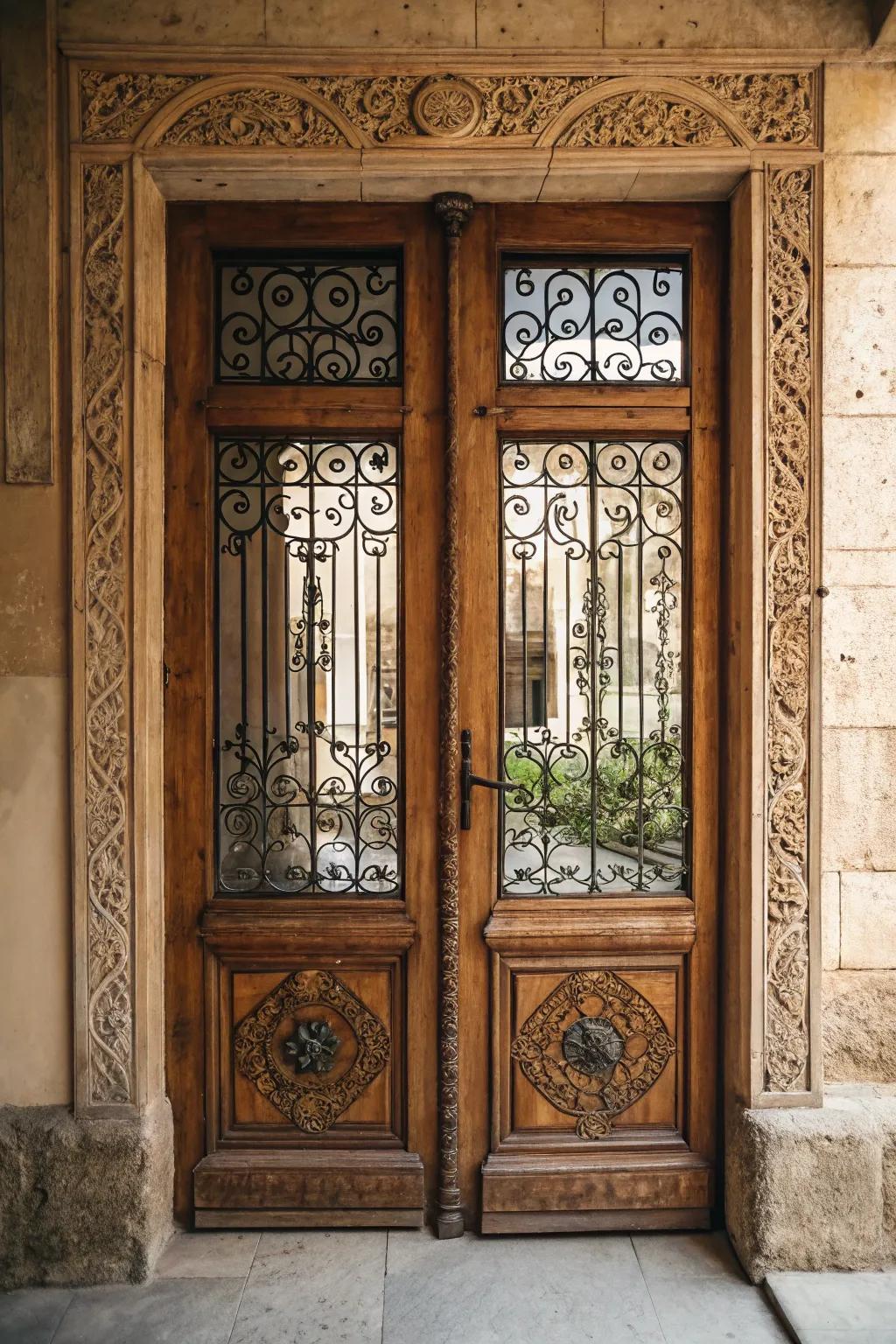 Ornamental grills bring charm and seclusion to door windows.