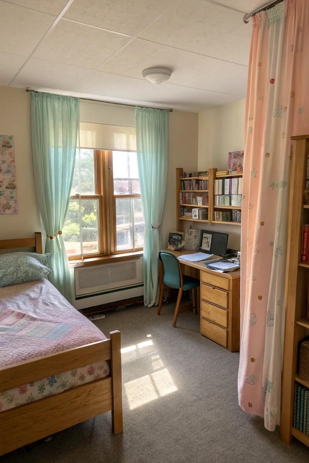 Curtains can make private areas even in shared dorms.