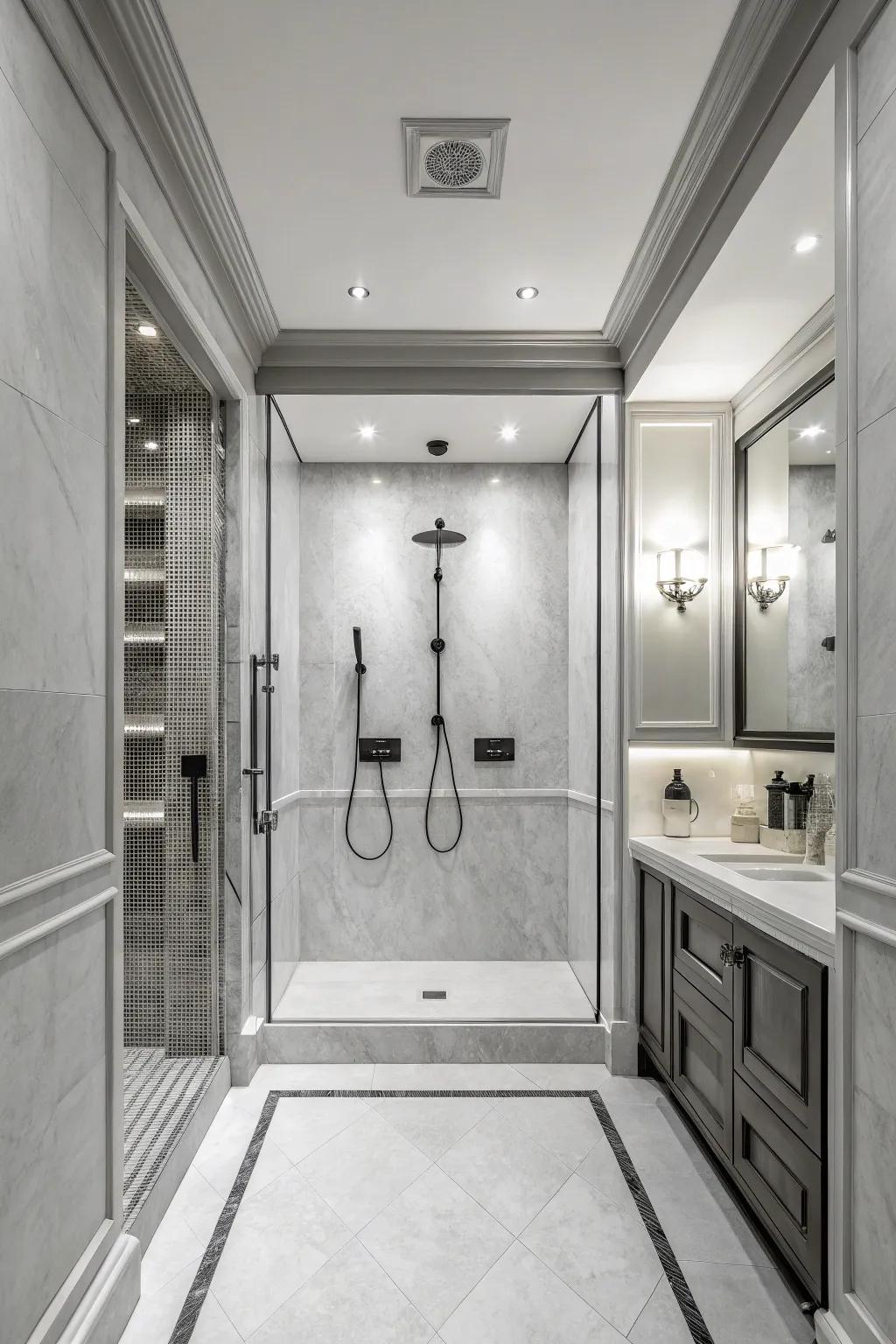 Achieve timeless elegance with a monochrome double shower palette.