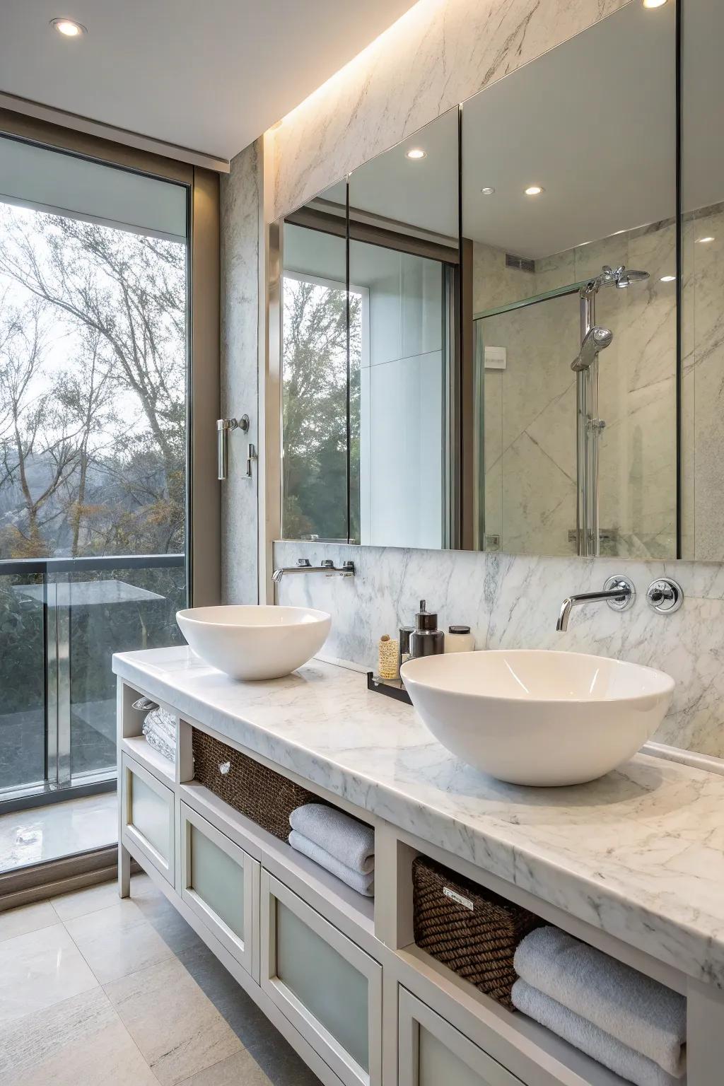 Double above-counter sinks create a stunning focal point in this bathroom.