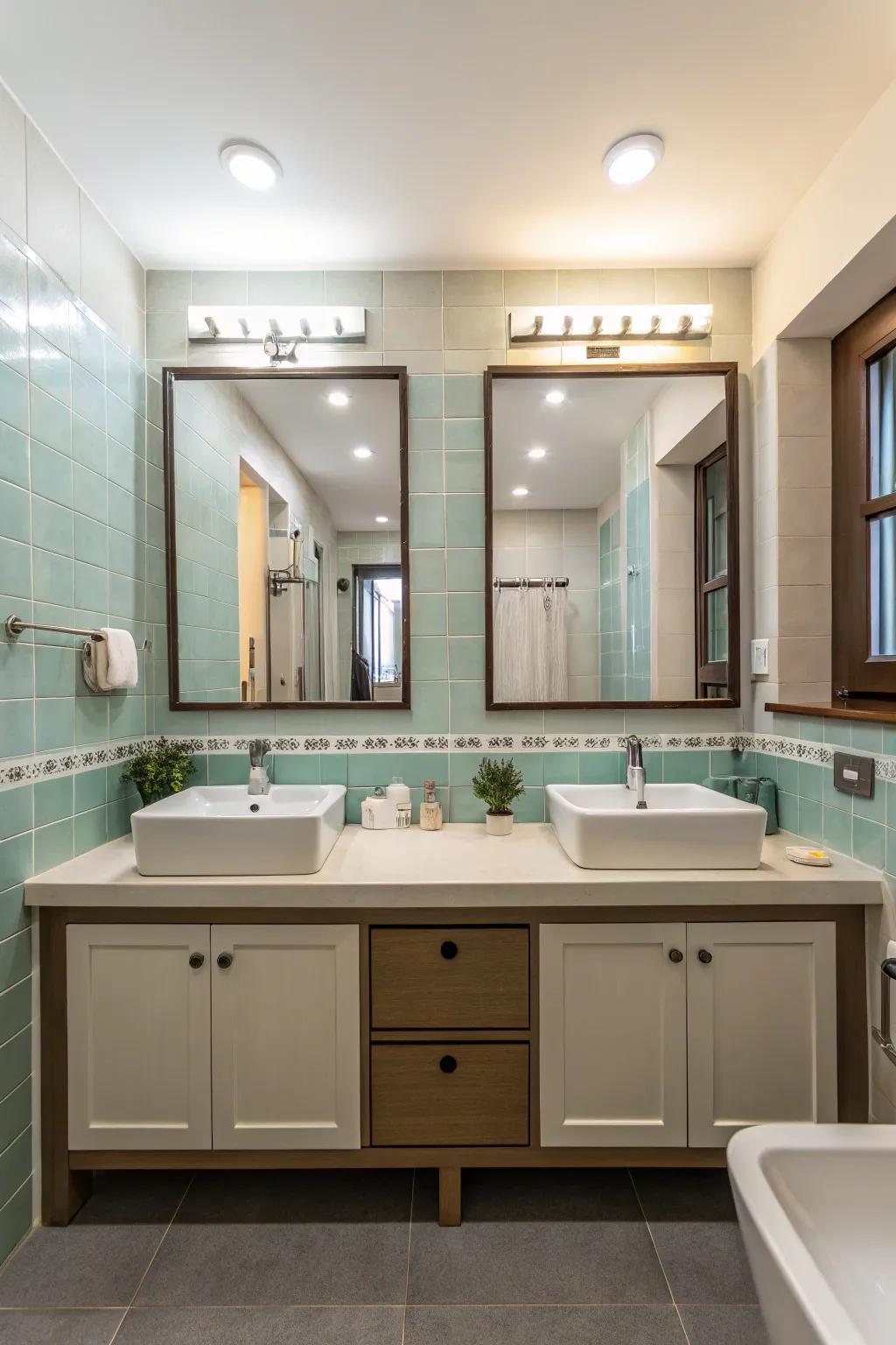 A mirror wall enhances the sense of space.