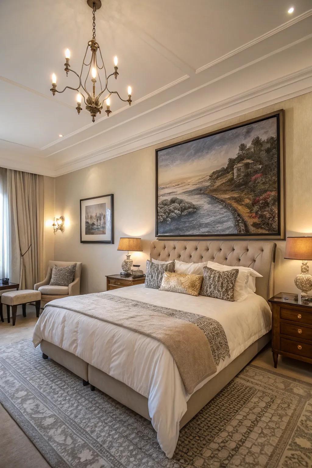 A bedroom featuring a big wall art piece making a strong statement.