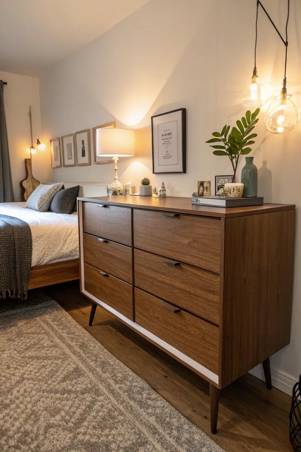 A mid-century modern dresser delivering functional elegance in a small bedroom.