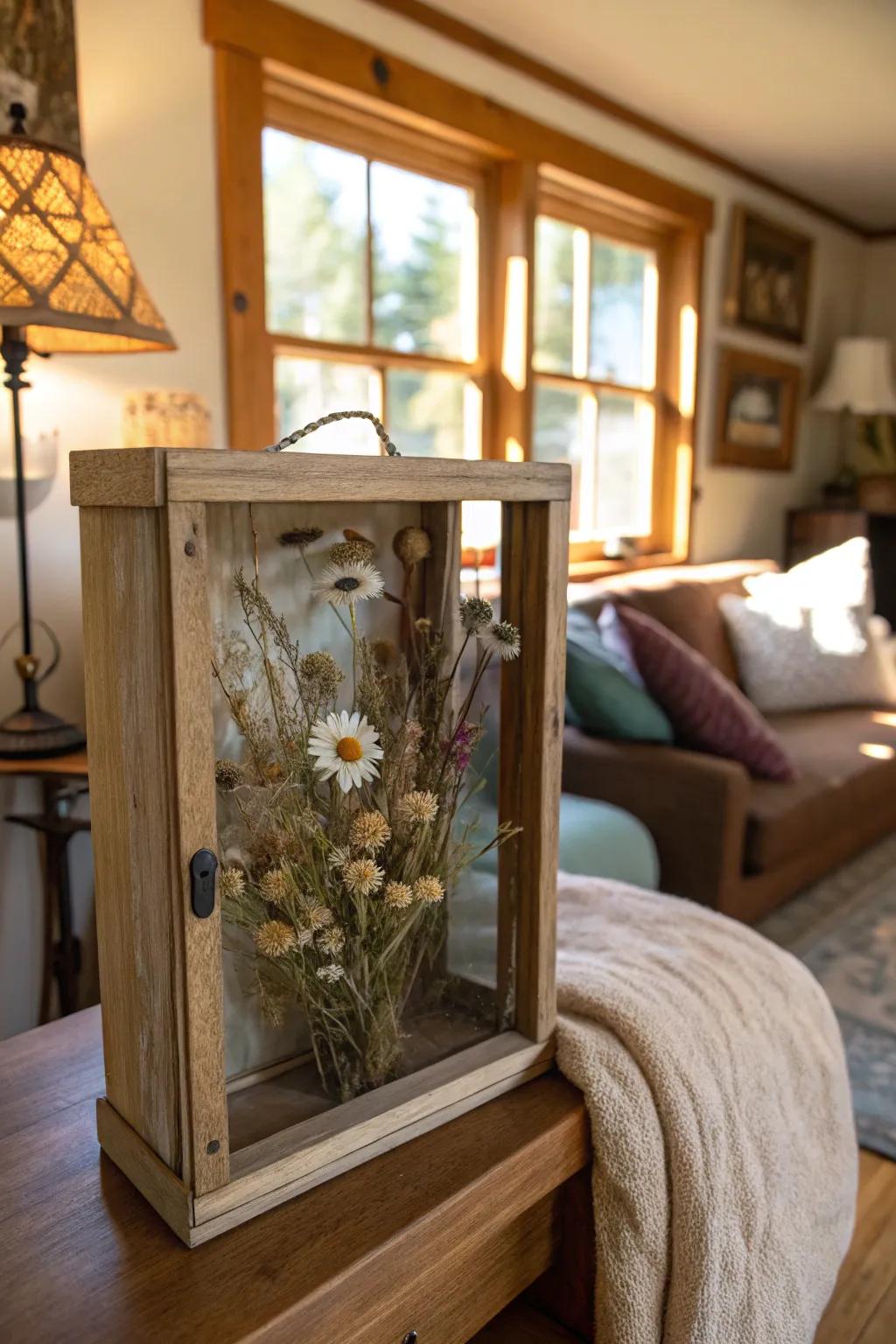 Embrace rustic charm with a wood-framed dried flower memory box.