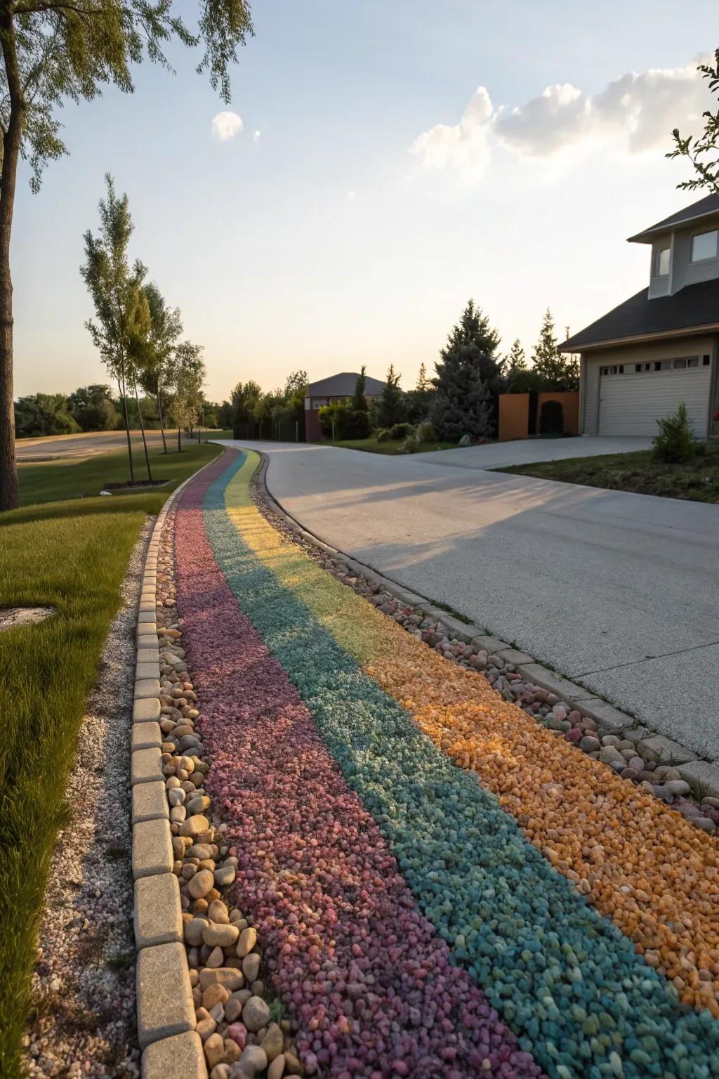 Colorful shingle injects a vibrant touch into this berm.