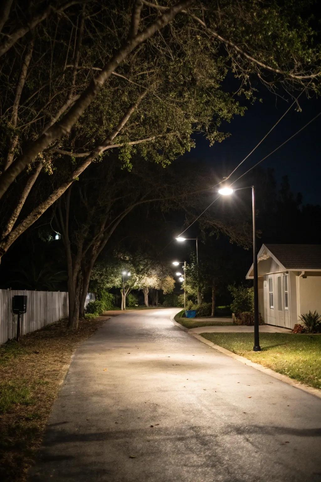 Overhead lights providing comprehensive driveway illumination.