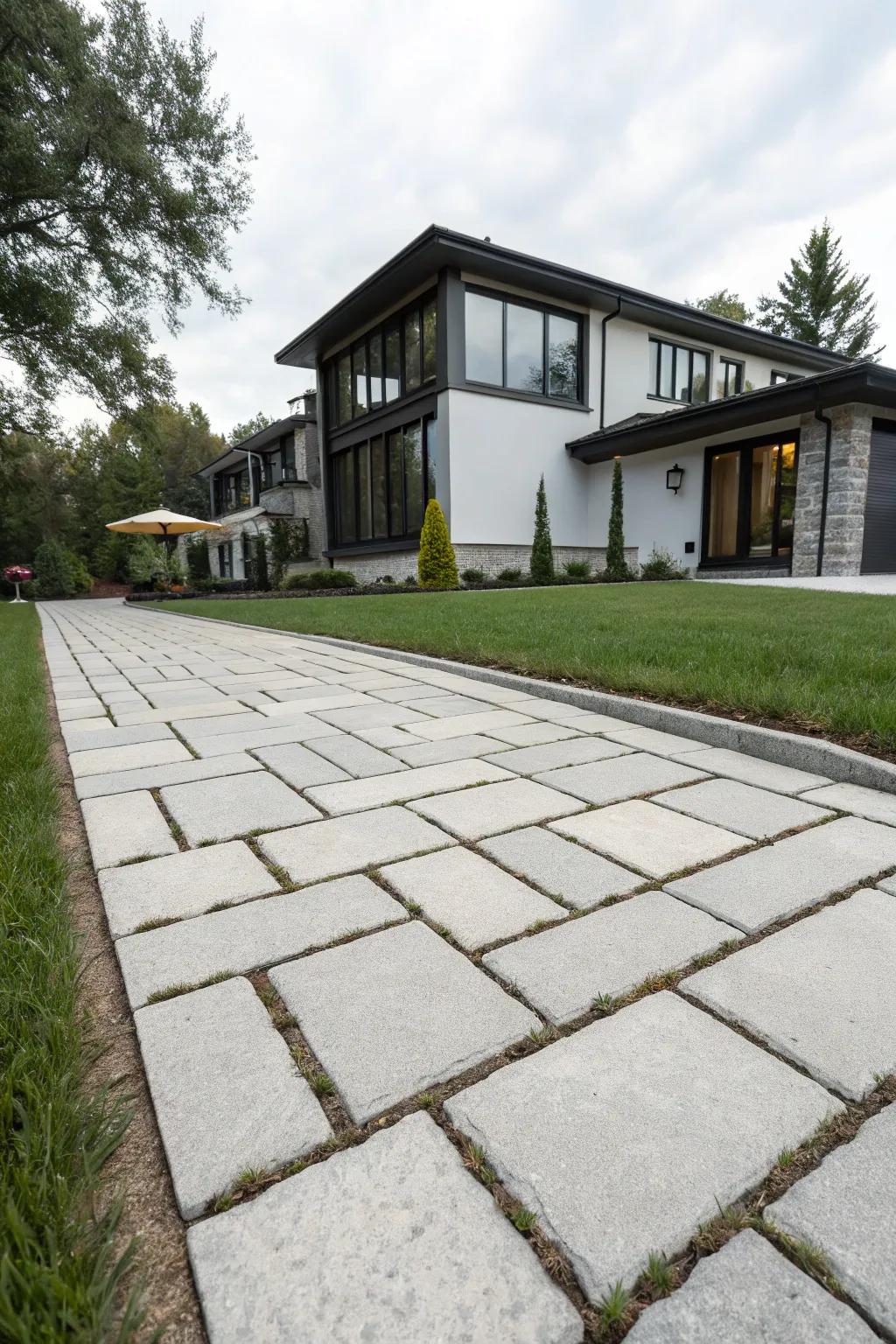 A grand and contemporary driveway with expansive format pavers.