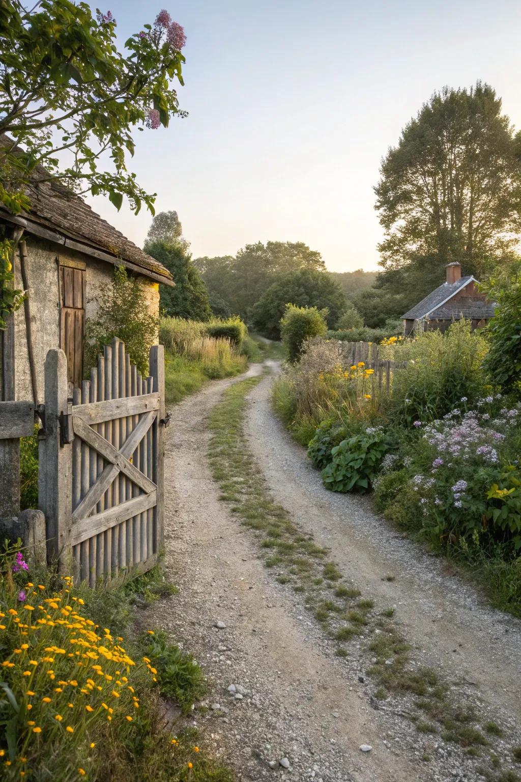 A charming rustic farmhouse driveway with natural elements.