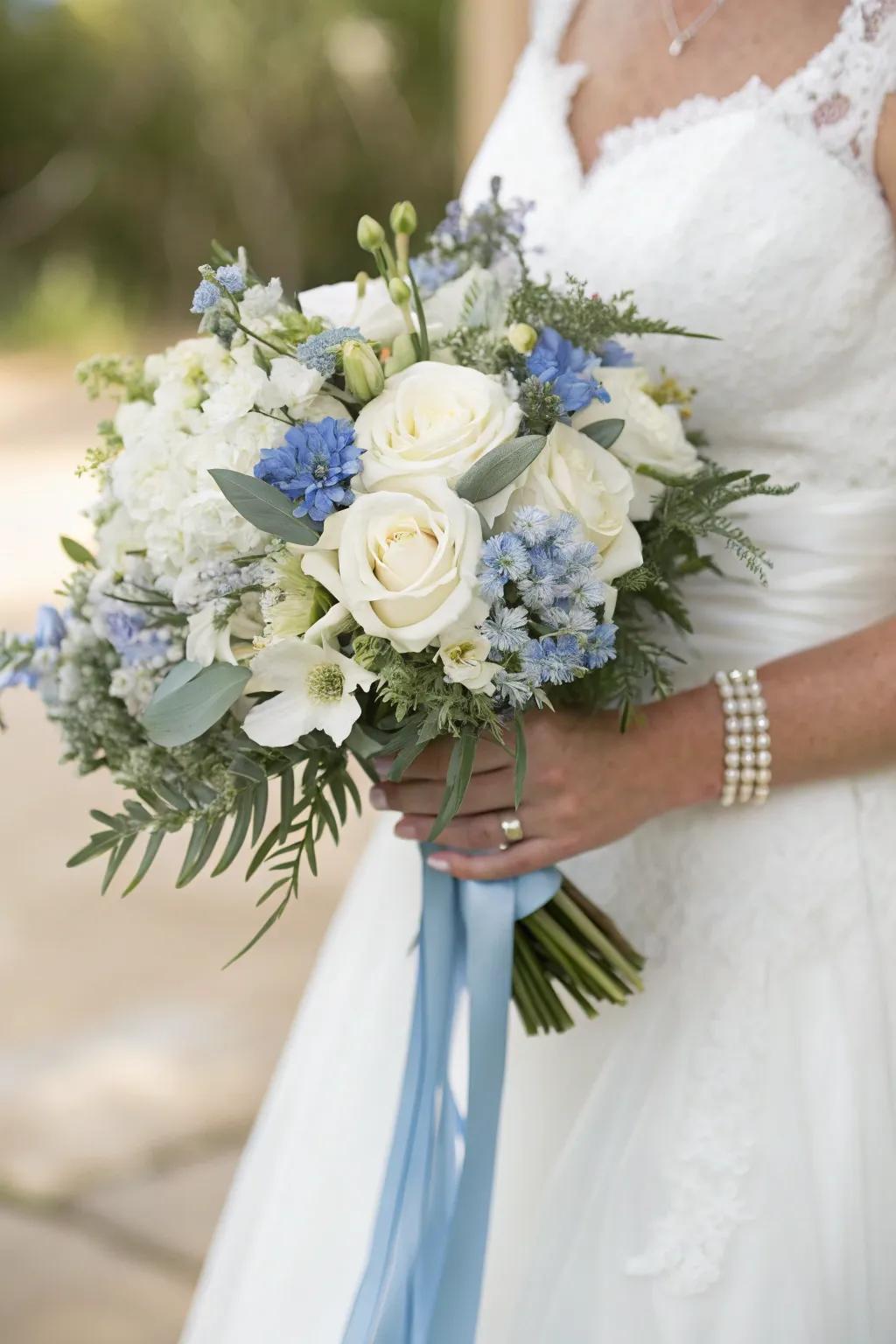 A stunning bridal blossom tied with a sky blue ribbon, introducing elegance and charm.