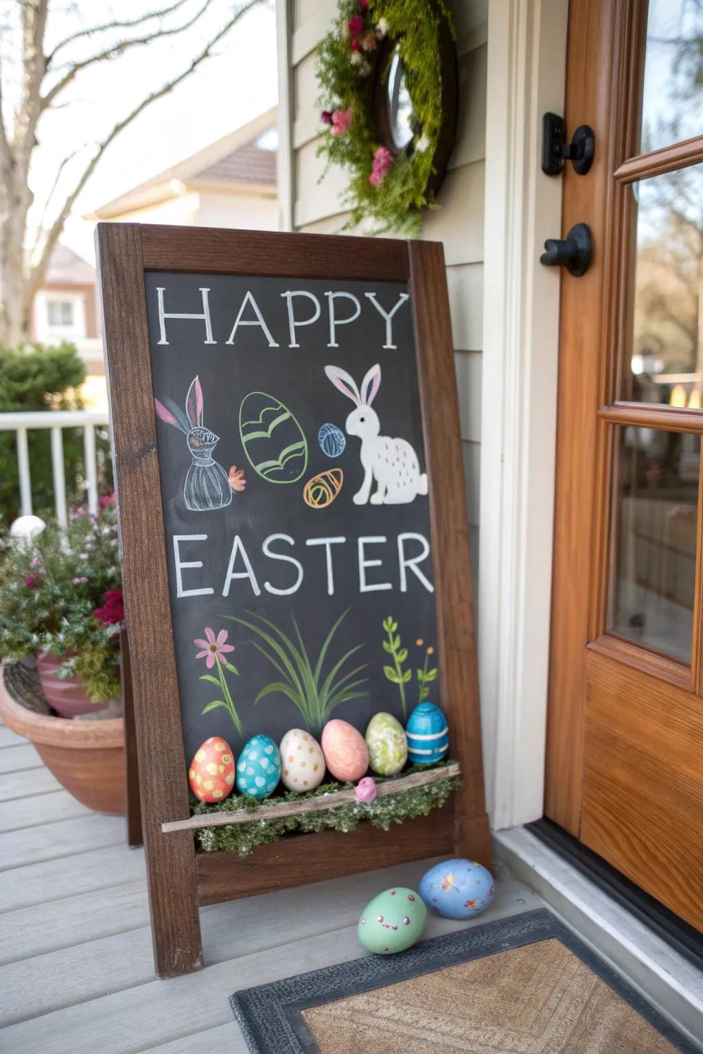 A writing board plaque showcasing an Easter message presents an adaptable element.