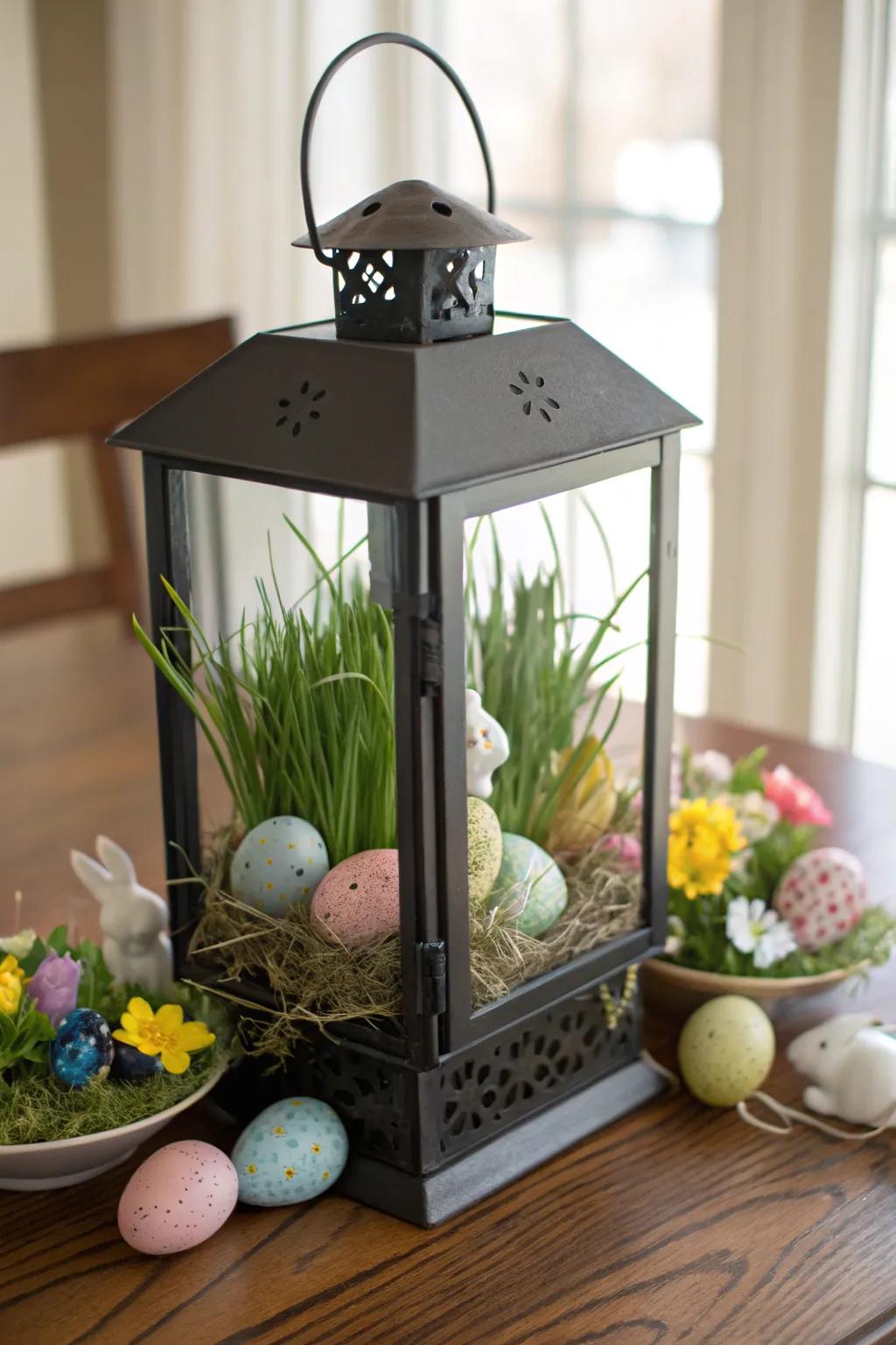 Decorative grass adds texture and depth to lamp displays.