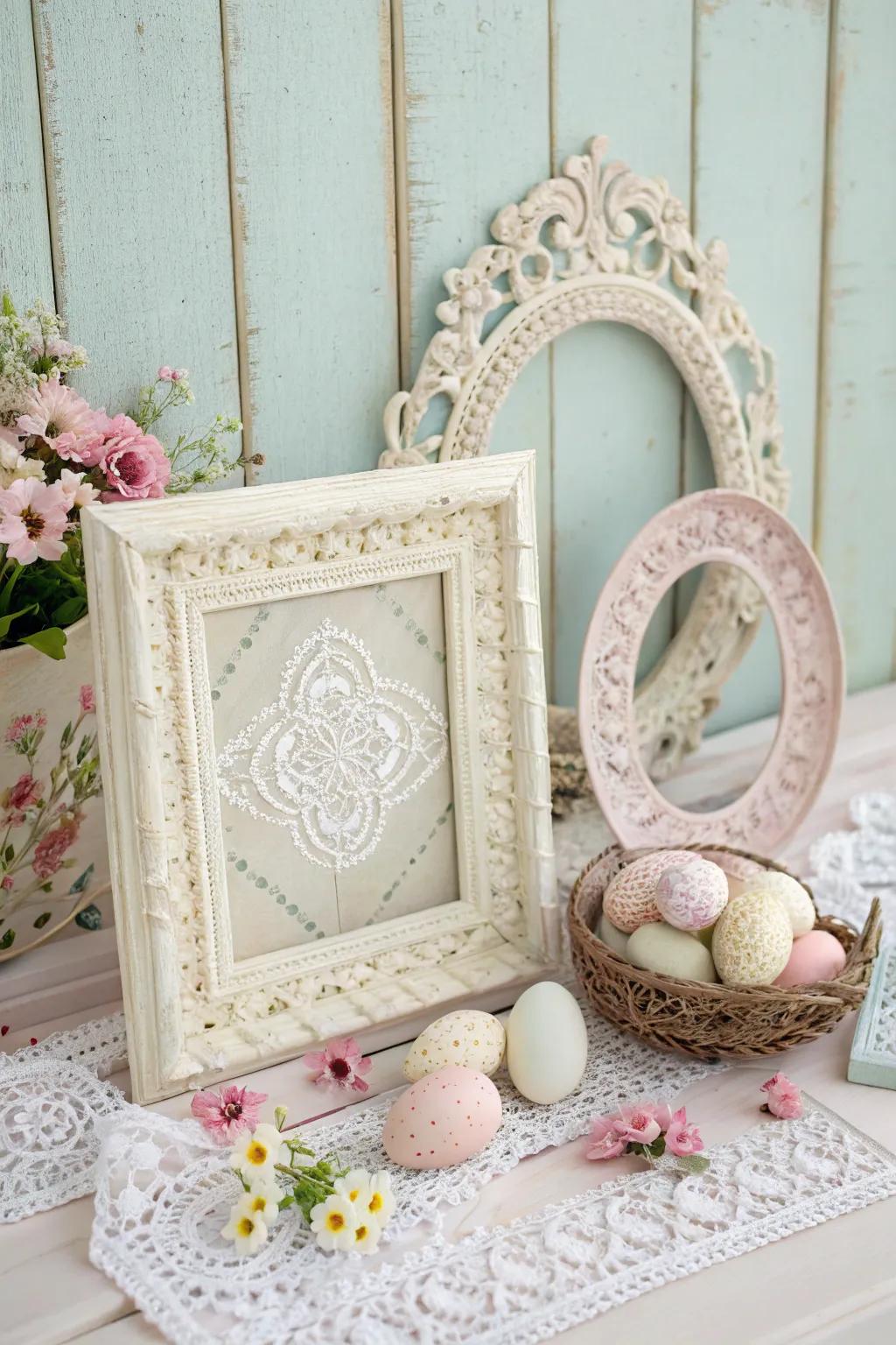 A retro-inspired scene with old frames and lacework injects nostalgic appeal into Easter images.