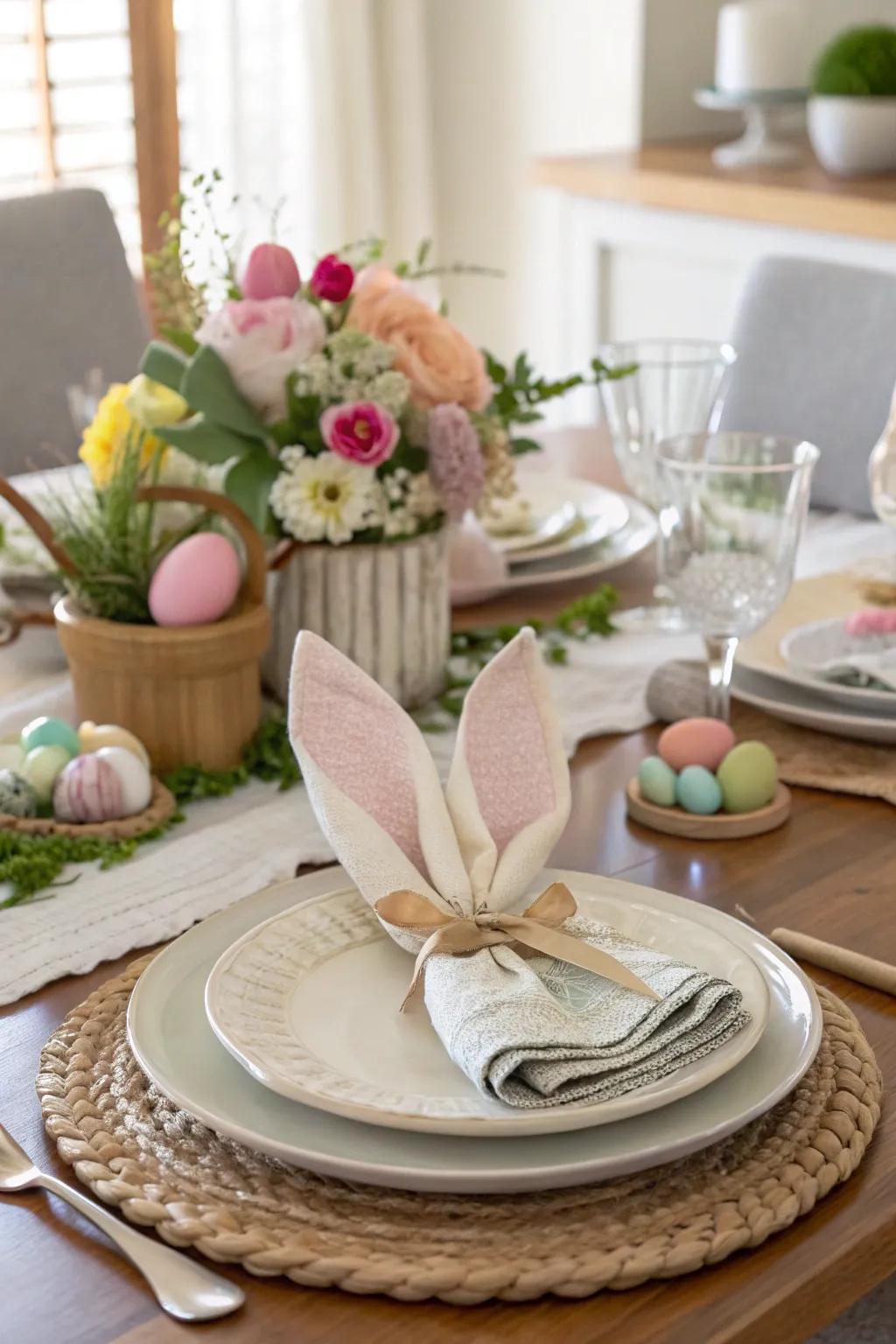 Bunny ear napkin rings add a whimsical and festive touch to the table.