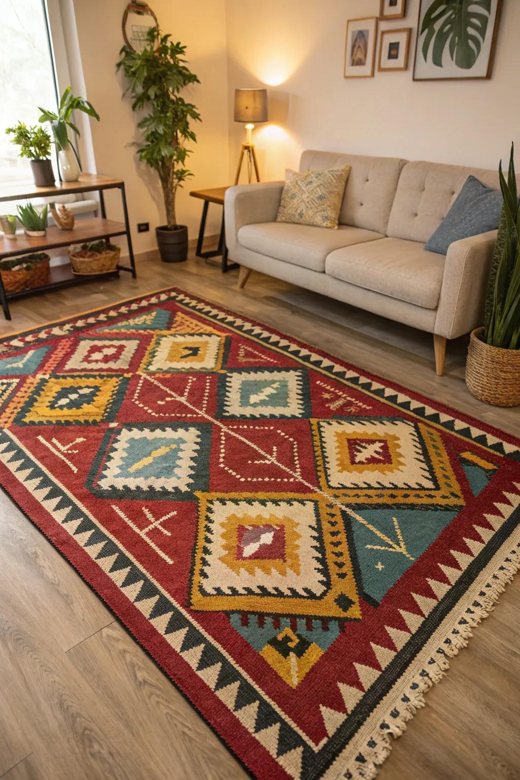 A living room with a geometric rug that unifies the decor.