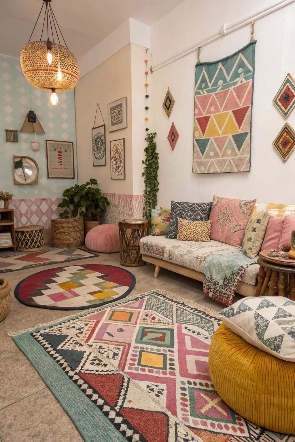 This eclectic room is given a modern twist through geometric shapes.