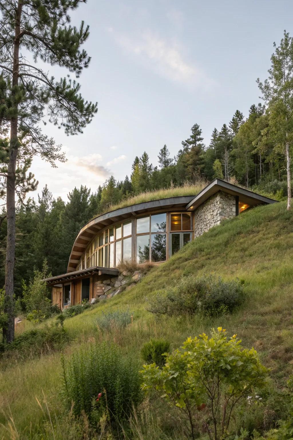 An earth-integrated home merges seamlessly into a hillside, showcasing natural harmony.