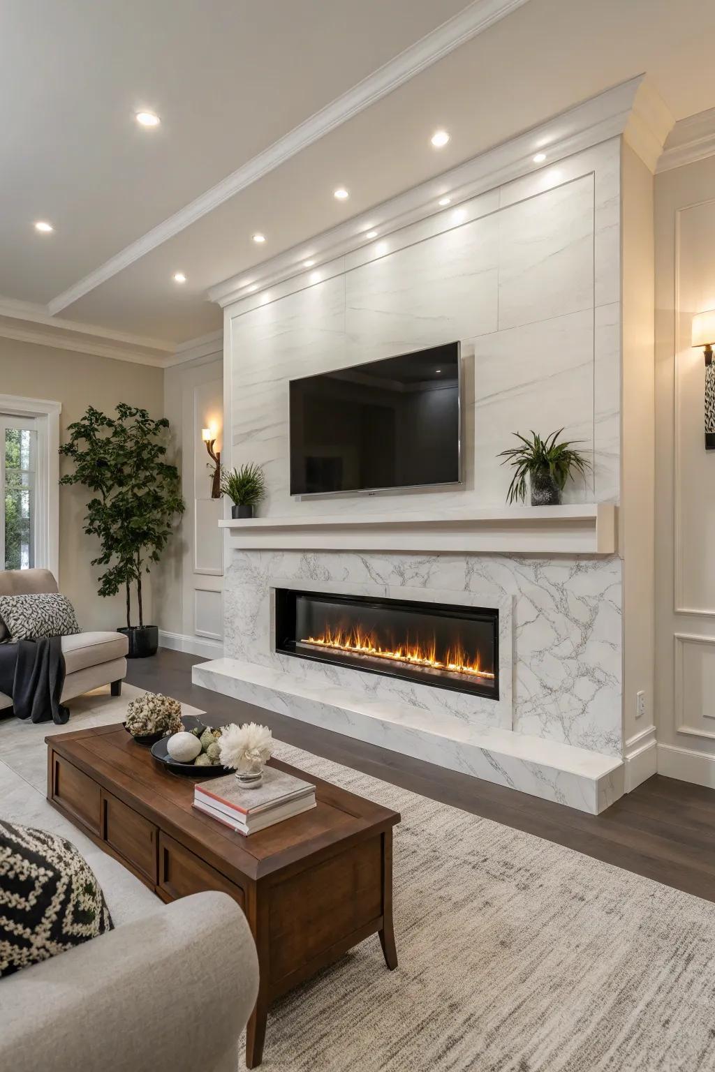 A recessed fireplace offering a smooth, modern aesthetic.