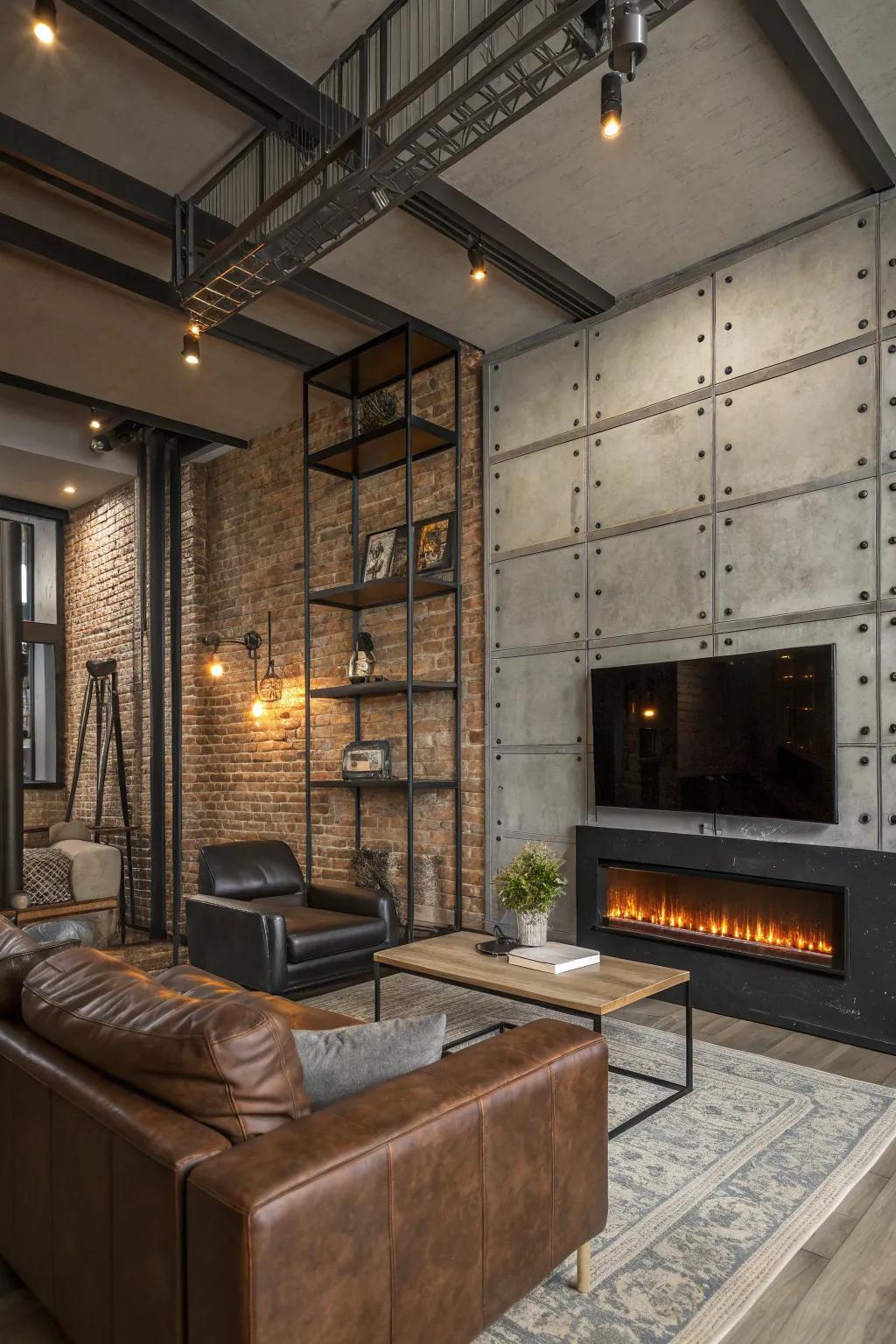An industrial chic vibe with edgy materials around the electric fireplace.