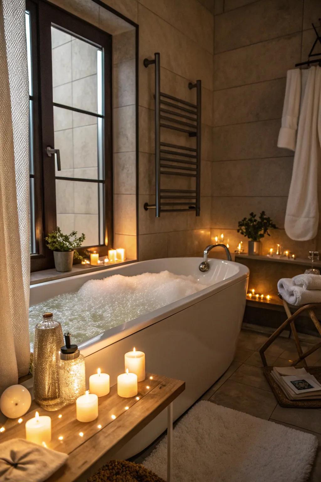 Subtle illumination concocts a relaxing ambiance in this elegant bathroom.