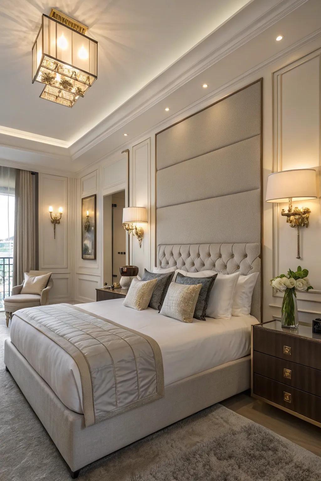 A modern luxury bedroom featuring innovative layered lighting.