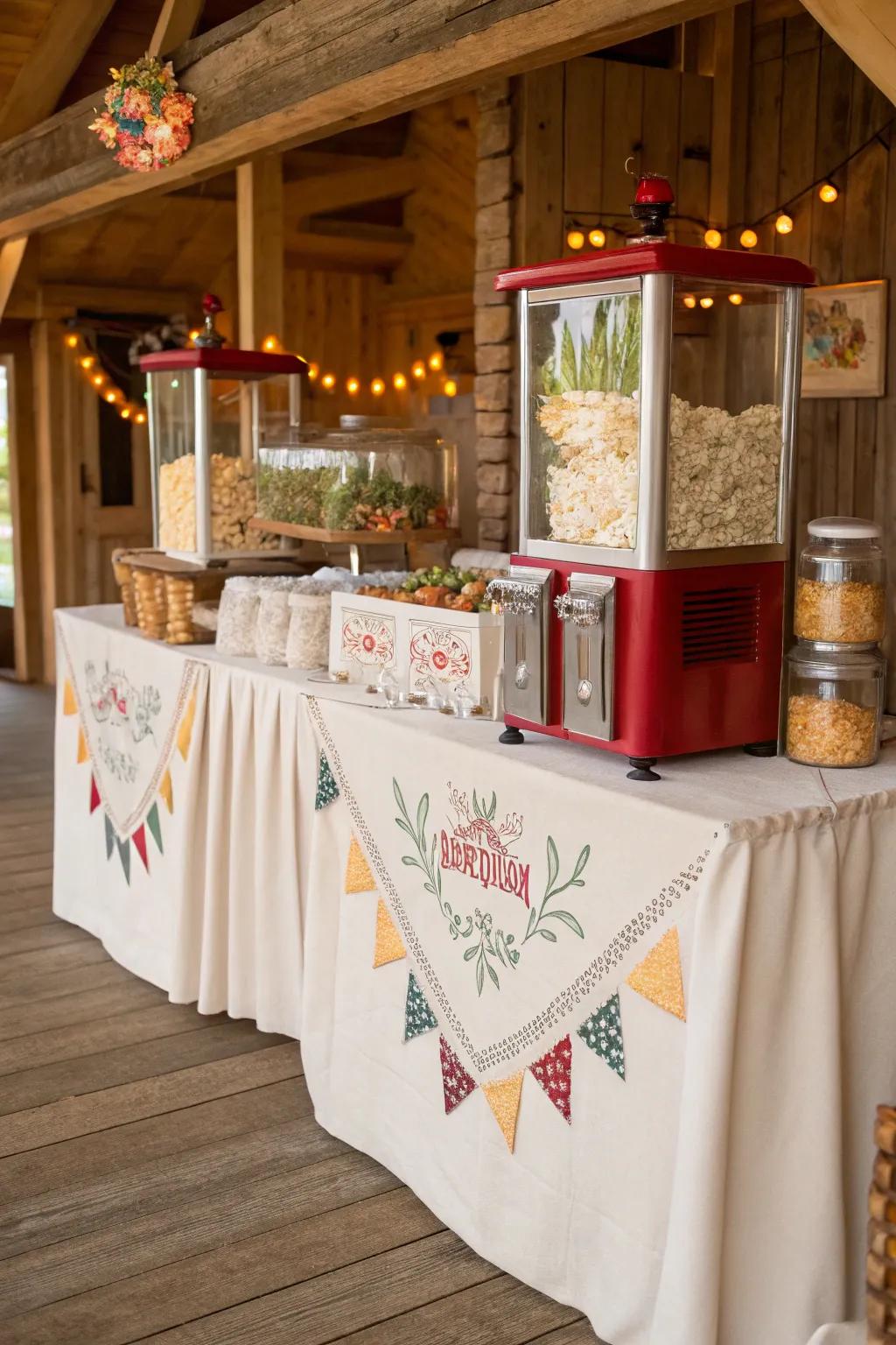 A cozy popcorn station setup featuring embroidered linens and lace, perfect for a cottage-style wedding.
