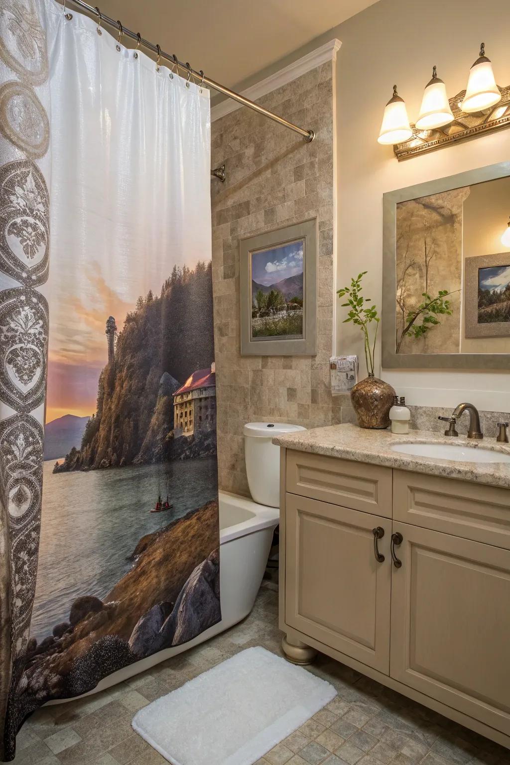 A shower curtain with a captivating scene establishes an unparalleled focal attraction in the bathroom.