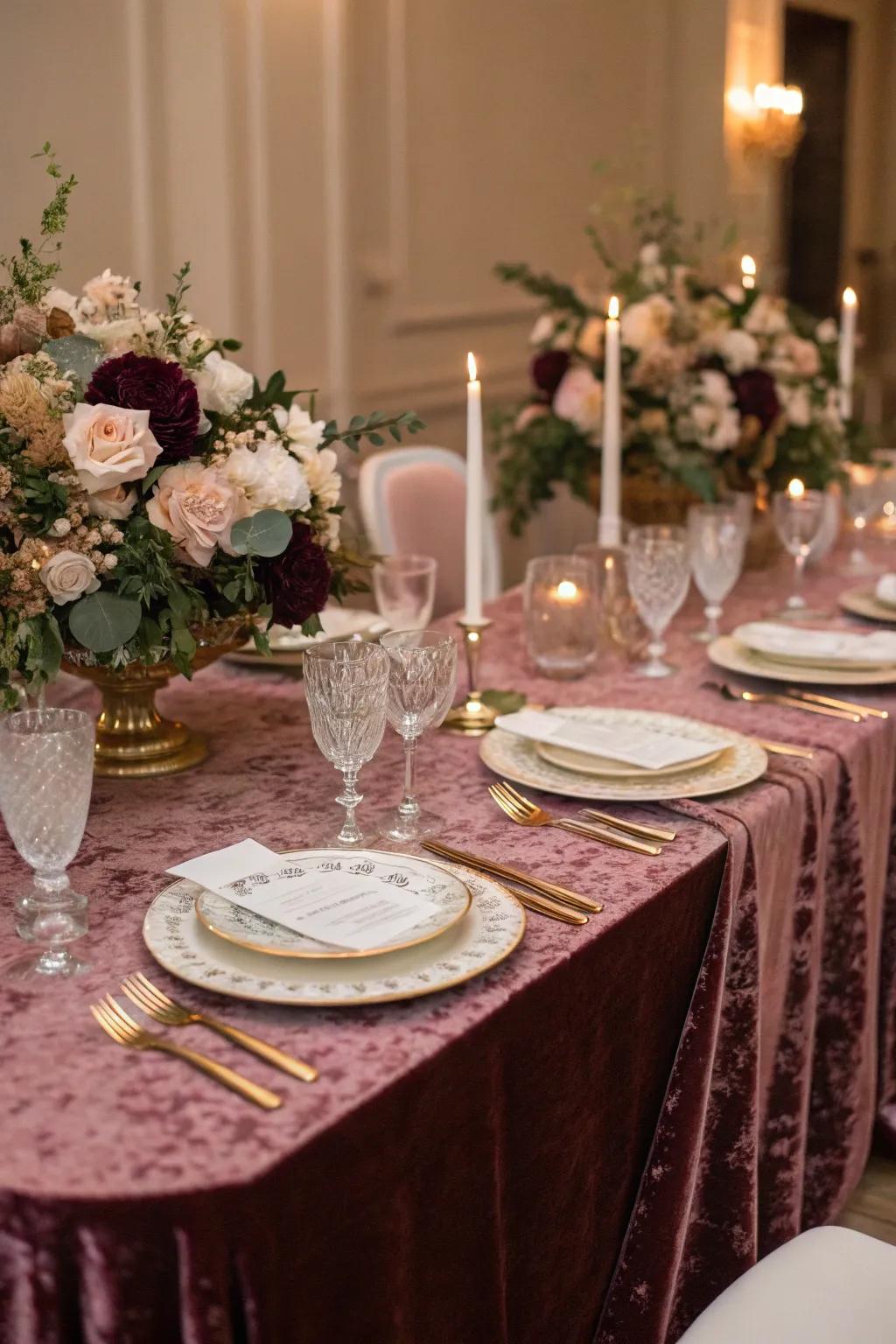 Velvet touches add a luxurious feel to the table setting.