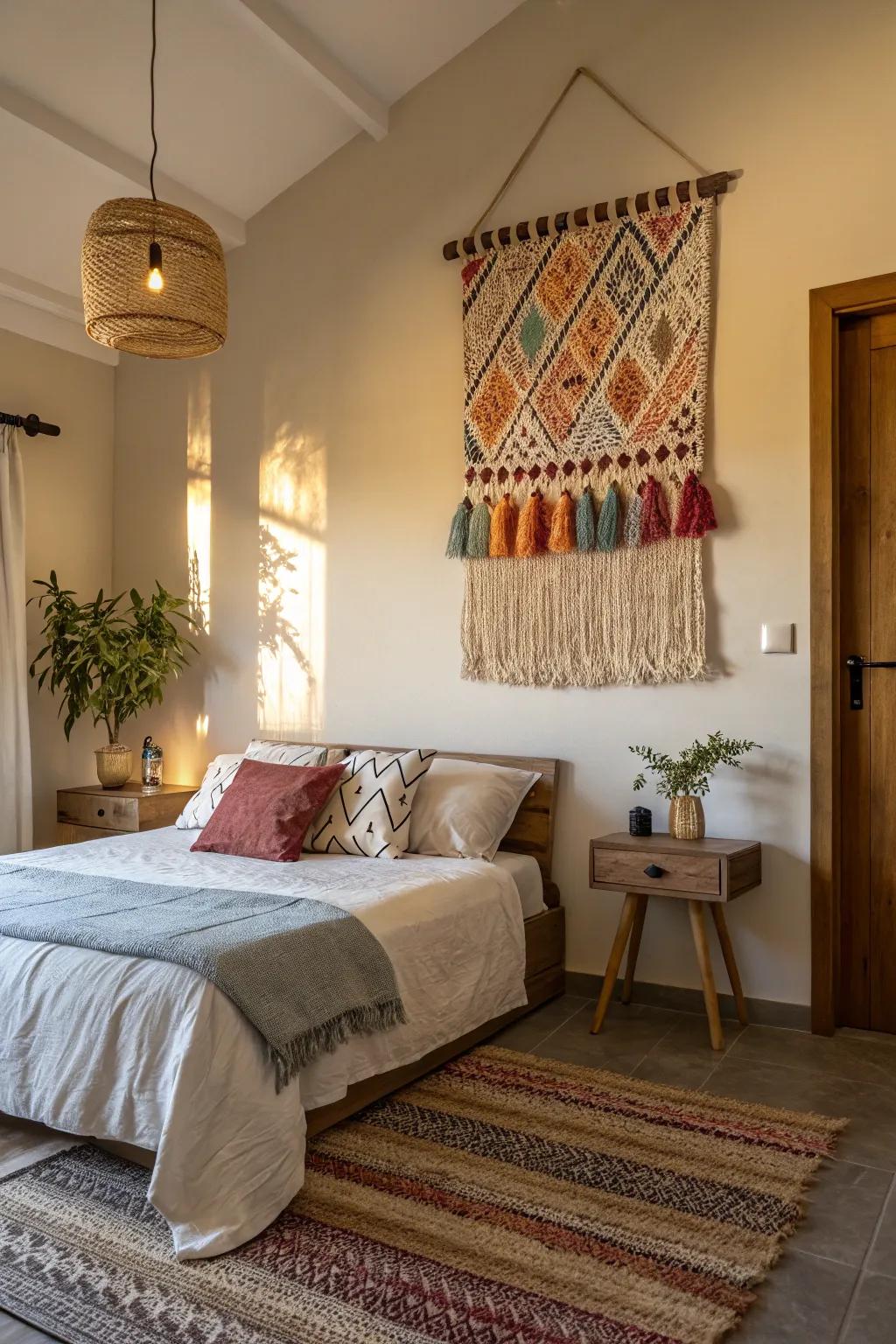A snug fabric wall hanging filling the room with bohemian warmth.