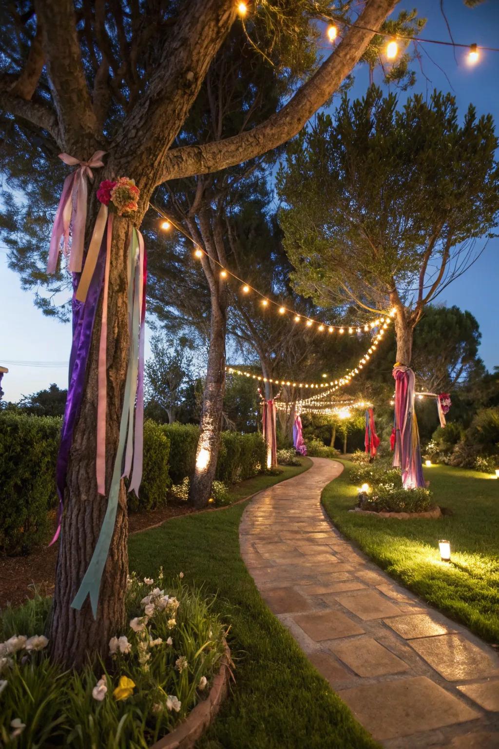 Ornamented trees add magic to the garden setting.